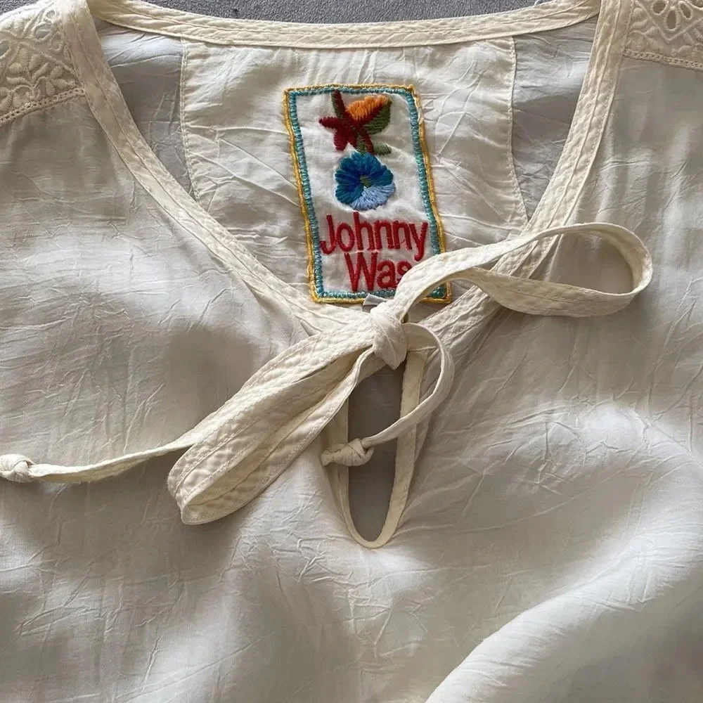 Johnny Was sz M sheer ivory long sleeve v neck w/ tie detail excellent condition - Picture 11 of 11